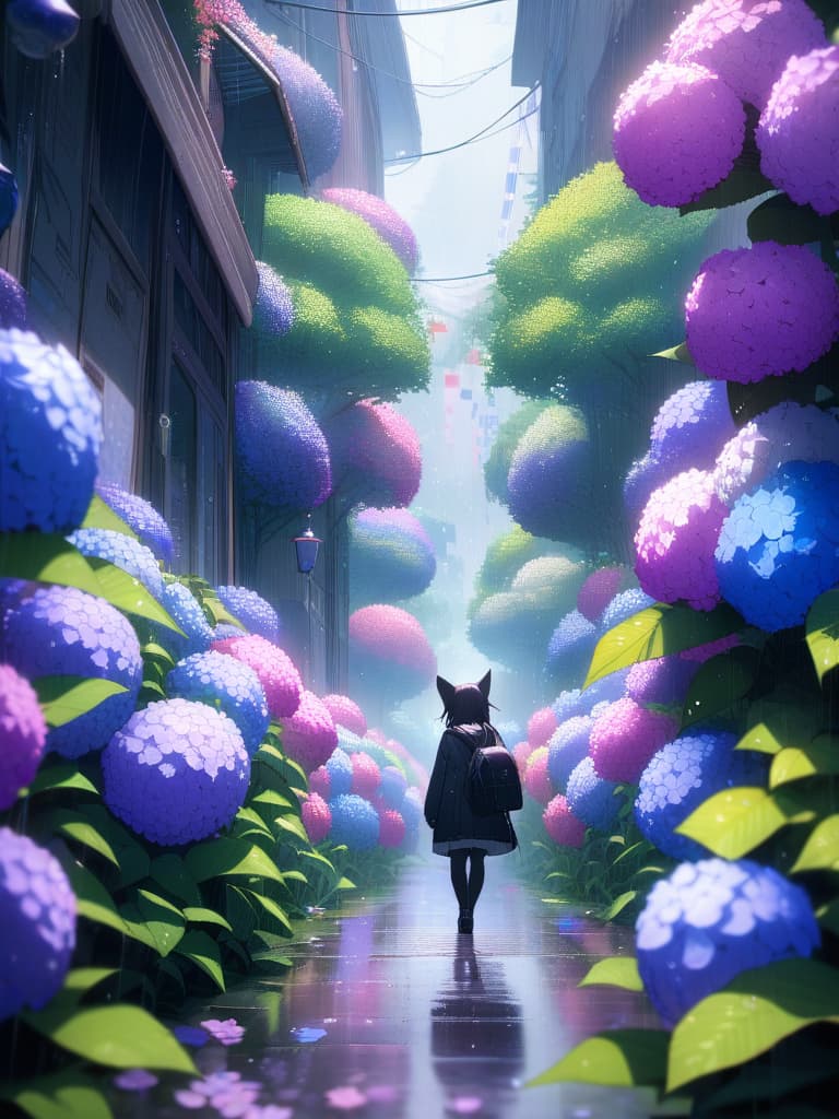  Hydrangea,colorful hydrangea,hydrangea road,black cat,1 black cat,rain,rain,beautiful,beautiful scenery,fantastic,water droplets,black cat walking、(absurd detailed:1.4、best quality:1.4、masterpiece:1.4)、, masterpiece, best quality,8k,ultra detailed,high resolution,an extremely delicate and beautiful,hyper detail