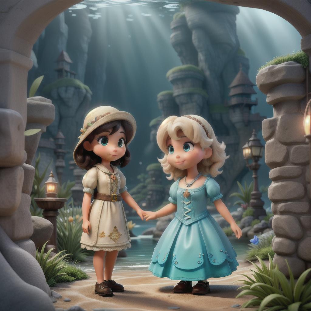  "A young child and their mother arriving on a mystical island filled with a variety of cute, friendly animals, with the beginnings of a mysterious underwater adventure looming in the background."((masterpiece)), best quality, very detailed, high resolution, sharp, sharp image, extremely detailed, 4k, 8k, fairytale hyperrealistic, full body, detailed clothing, highly detailed, cinematic lighting, stunningly beautiful, intricate, sharp focus, f/1. 8, 85mm, (centered image composition), (professionally color graded), ((bright soft diffused light)), volumetric fog, trending on instagram, trending on tumblr, HDR 4K, 8K