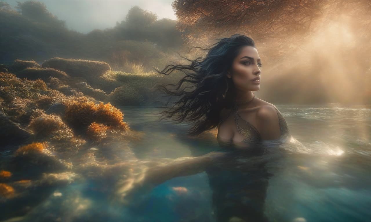  Mermaid in the mist at the bottom. On the right half of the image. hyperrealistic, full body, detailed clothing, highly detailed, cinematic lighting, stunningly beautiful, intricate, sharp focus, f/1. 8, 85mm, (centered image composition), (professionally color graded), ((bright soft diffused light)), volumetric fog, trending on instagram, trending on tumblr, HDR 4K, 8K