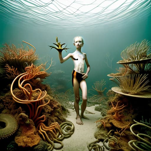  A young woman with no clothes on holding a coloured gecko and surrounded by striped rusty metal robotic fishes from a dstopian labyrinth , stable diffusion, absolute reality v1.6, perfect symmetry, photo realistic raw, in the style of jock sturges and David hamilton victorian era, atmospheric and wabi sabi creepy look