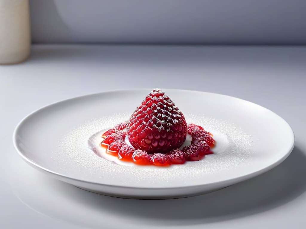  A closeup, ultradetailed image of a single vibrant red raspberry being delicately squeezed to extract tiny, glistening caviarlike droplets of juice onto a sleek, modern white plate. The image captures the precise moment of release, showcasing the intricate texture and natural shine of the raspberry "caviar," emphasizing innovation and elegance in pastry decoration. hyperrealistic, full body, detailed clothing, highly detailed, cinematic lighting, stunningly beautiful, intricate, sharp focus, f/1. 8, 85mm, (centered image composition), (professionally color graded), ((bright soft diffused light)), volumetric fog, trending on instagram, trending on tumblr, HDR 4K, 8K