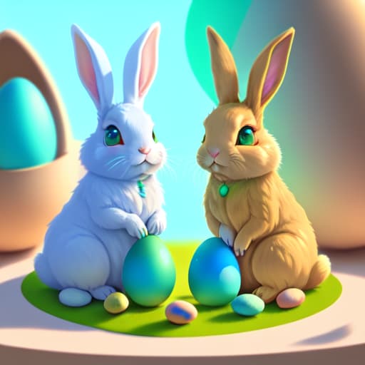 in OliDisco style Two rabbits are sitting next to Easter eggs and one has a blue and green face