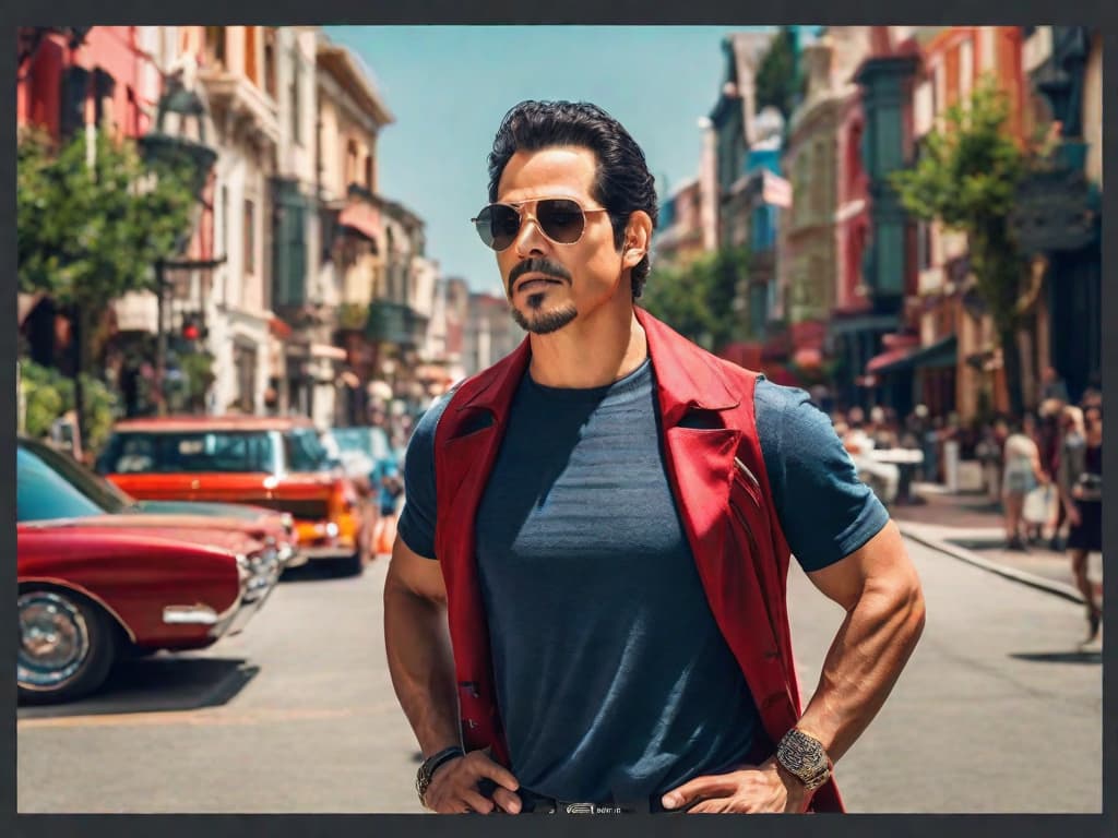  A photo of John Leguizamo standing confidently, with a thoughtful expression on his face. He is gesturing with his hands as if explaining something, while the backdrop features a mix of movie set props and costumes, hinting at the behind-the-scenes world of the Marvel Cinematic Universe.digital art, ilustration hyperrealistic, full body, detailed clothing, highly detailed, cinematic lighting, stunningly beautiful, intricate, sharp focus, f/1. 8, 85mm, (centered image composition), (professionally color graded), ((bright soft diffused light)), volumetric fog, trending on instagram, trending on tumblr, HDR 4K, 8K