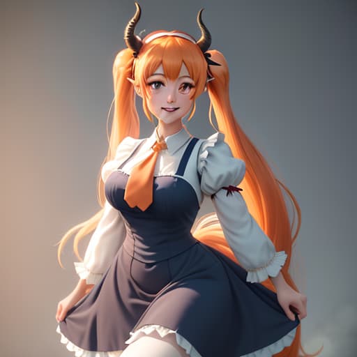  Tohru, cute , hair with long pigtails, orange eyes, smile, slender body, big s, wide hips, big , has dragon horns on her head, has a green dragon tail, wears a dark blue maid dress, white elbow length sleeves, maid headband, pink tie, white socks, brown shoes hyperrealistic, full body, detailed clothing, highly detailed, cinematic lighting, stunningly beautiful, intricate, sharp focus, f/1. 8, 85mm, (centered image composition), (professionally color graded), ((bright soft diffused light)), volumetric fog, trending on instagram, trending on tumblr, HDR 4K, 8K