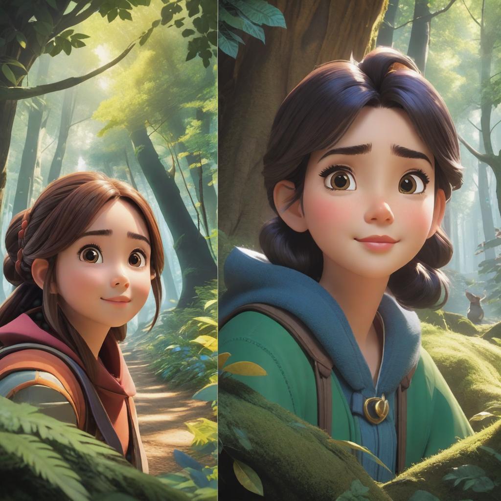  1. Add more varied facial expressions to the characters to convey a wider range of emotions and enhance the immersion of the story.
2. Improve the placement of objects in the magical forest to create more natural interactions between elements and enhance overall harmony.
3. Strengthen the visual flow by using shading and color to guide the viewer's gaze towards important focal points in the image. hyperrealistic, full body, detailed clothing, highly detailed, cinematic lighting, stunningly beautiful, intricate, sharp focus, f/1. 8, 85mm, (centered image composition), (professionally color graded), ((bright soft diffused light)), volumetric fog, trending on instagram, trending on tumblr, HDR 4K, 8K