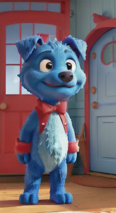  {Max the big blue dog standing in front of a cozy little house with a red door, The big blue dog is large with sky blue fur, big round eyes, a black nose, and floppy ears.