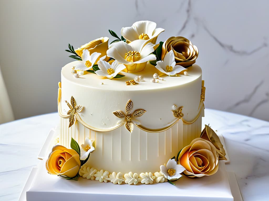  An ultradetailed closeup image of a perfectly frosted, intricately decorated threetiered wedding cake, showcasing delicate sugar flowers, intricate piping details, and shimmering edible gold accents. The cake is displayed on a sleek, modern marble cake stand against a soft, blurred background, highlighting the precision and artistry involved in creative pastry making with an induction stove. hyperrealistic, full body, detailed clothing, highly detailed, cinematic lighting, stunningly beautiful, intricate, sharp focus, f/1. 8, 85mm, (centered image composition), (professionally color graded), ((bright soft diffused light)), volumetric fog, trending on instagram, trending on tumblr, HDR 4K, 8K