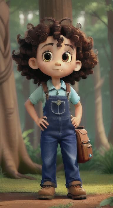  {The tree with a twinkling eye, while its leaves gently rustle., Riley, a curious with big brown eyes and curly hair, wearing overalls and carrying a small backpack. Their friend, Skye, a bluebird with shiny feathers.