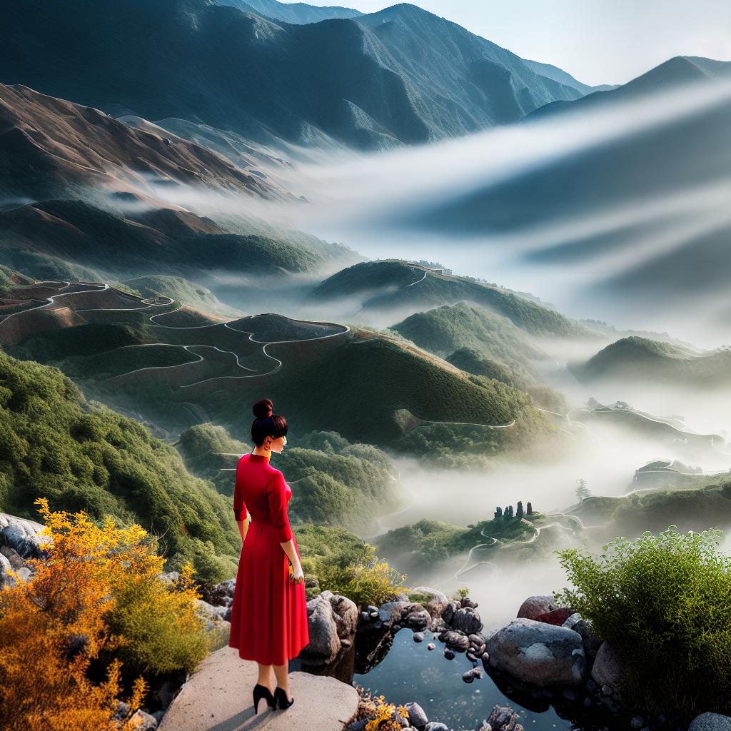  ((Masterpiece)), (((best quality))), 8k, high detailed, ultra-detailed. A girl in a red dress with her back turned in a traditional Chinese landscape ink painting, resembling mountains and rivers. hyperrealistic, full body, detailed clothing, highly detailed, cinematic lighting, stunningly beautiful, intricate, sharp focus, f/1. 8, 85mm, (centered image composition), (professionally color graded), ((bright soft diffused light)), volumetric fog, trending on instagram, trending on tumblr, HDR 4K, 8K