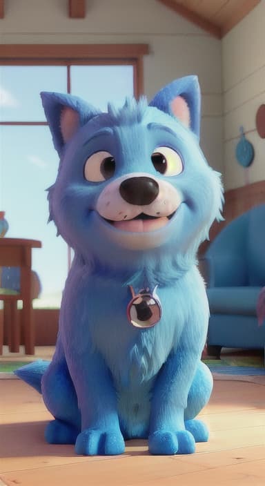  {Max snuggled up in his comfy dog bed inside the house, fast asleep, The big blue dog is large with sky blue fur, big round eyes, a black nose, and floppy ears.