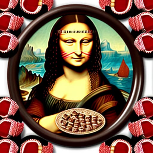  The Mona Lisa holding a white plate of fine dark chocolate candy pieces in red candy cups. Background Mona Lisa’s painting background that is expanded and enlarged. Painted in the style of Leonardo Da Vinci