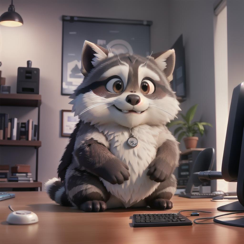  raccoon sitting in gaming chair front a computer on desktop, ((semi anthropomorphic)),(full body), tail, belly, sitting, fat, (chubby), (((white background))), solo, desktop, gaming chair, side view,  [[[clothes]]] hyperrealistic, full body, detailed clothing, highly detailed, cinematic lighting, stunningly beautiful, intricate, sharp focus, f/1. 8, 85mm, (centered image composition), (professionally color graded), ((bright soft diffused light)), volumetric fog, trending on instagram, trending on tumblr, HDR 4K, 8K