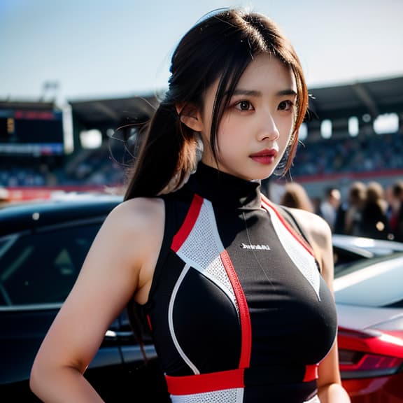  masterpiece, high quality, 4K, HDR BREAK A beautiful young woman wearing a tight fitting, sleeveless racing suit with the logo of a high performance car brand. BREAK Tight fitting racing suit, sleeveless, car brand logo BREAK Standing confidently, one hand on hip, looking directly at the camera BREAK Racetrack with high performance sports cars in the background hyperrealistic, full body, detailed clothing, highly detailed, cinematic lighting, stunningly beautiful, intricate, sharp focus, f/1. 8, 85mm, (centered image composition), (professionally color graded), ((bright soft diffused light)), volumetric fog, trending on instagram, trending on tumblr, HDR 4K, 8K