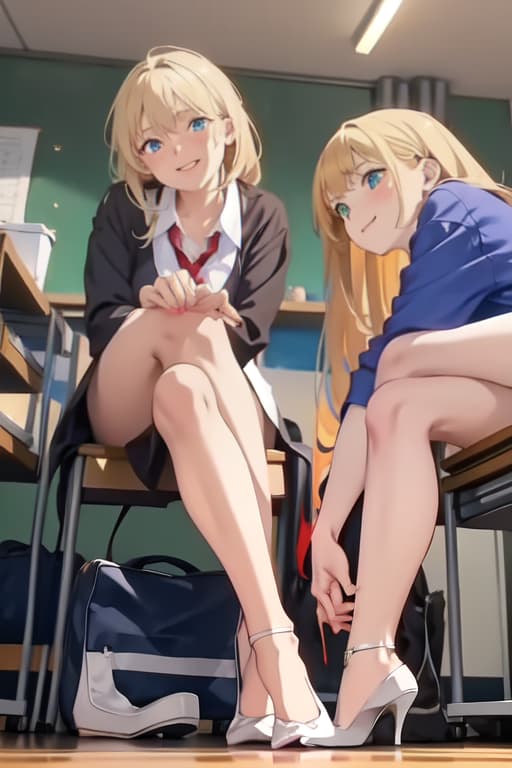  Attractive, blond teacher, in clroom, sitting at her teacher's desk, legs crossed, no shoes on, she is looking down at on floor, while she is laughing, wears a on down green , white , tan nylons, the on floor, next to the teacher's feet, is holding high heels shoes in one hand, tickling the teacher's feet with her other hand, the is smiling