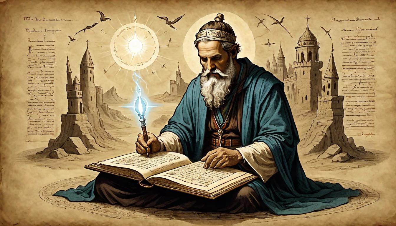  on parchment, surrealism+++, Person reading an ancient text, light emanating from pages, absorbing knowledge, intense focus, transformative(mysterious, provocative, symbolic,muted color)+++