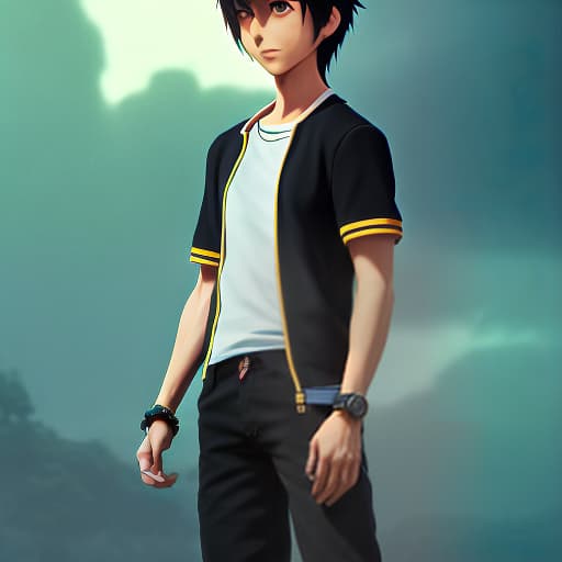 redshift style Makoto Shinkai style. A young handsome man is standing. one. the hair is blue.He is wearing black pants and a yellow shirt. sneakers in the ears of earrings. over-detailed face and nose and eyes