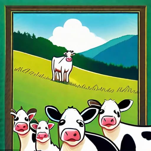  A herd of Holstein cows in a lush, rural, mountainous farm with a blue sky and vibrant white clouds. The bright sun shines from above.