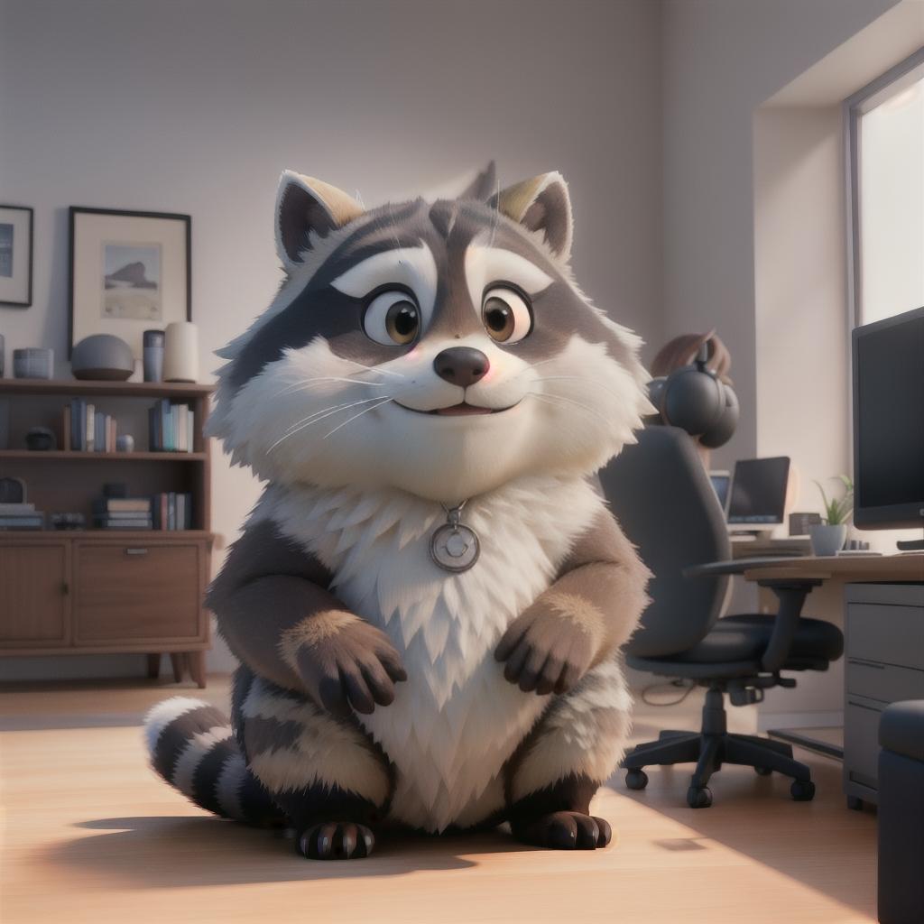  raccoon sitting in gaming chair front a computer on desktop, ((semi anthropomorphic)),(full body), tail, belly, sitting, fat, (chubby), (((white background))), solo, desktop, gaming chair, side view,  [[[clothes]]] hyperrealistic, full body, detailed clothing, highly detailed, cinematic lighting, stunningly beautiful, intricate, sharp focus, f/1. 8, 85mm, (centered image composition), (professionally color graded), ((bright soft diffused light)), volumetric fog, trending on instagram, trending on tumblr, HDR 4K, 8K