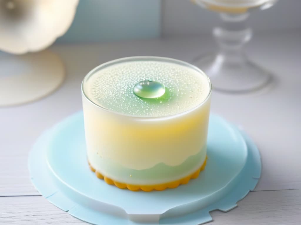  A closeup, highresolution image of a delicate, perfectly set gelatin dessert filled with tiny, uniform bubbles that catch the light beautifully. The gelatin should be in a stylish, modern clear glass dessert cup, showcasing a flawless texture that is both visually stunning and appetizing. hyperrealistic, full body, detailed clothing, highly detailed, cinematic lighting, stunningly beautiful, intricate, sharp focus, f/1. 8, 85mm, (centered image composition), (professionally color graded), ((bright soft diffused light)), volumetric fog, trending on instagram, trending on tumblr, HDR 4K, 8K