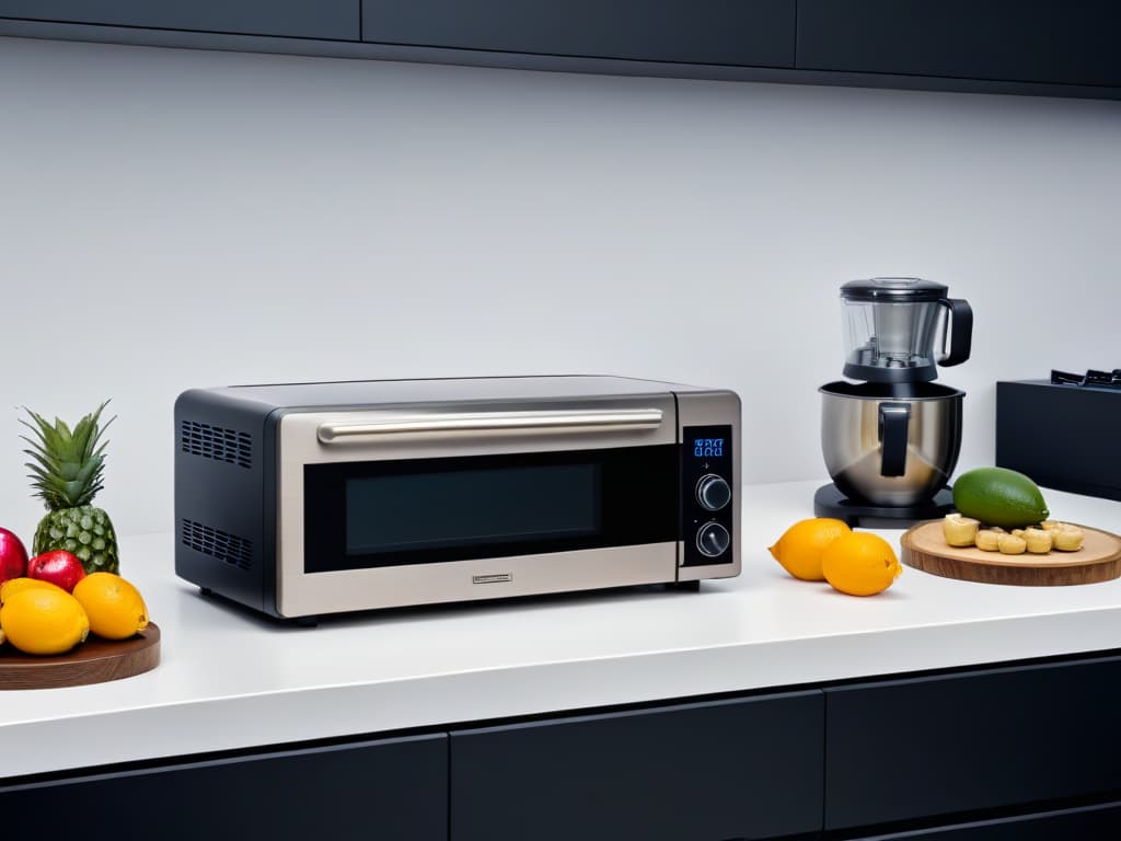  A highresolution, ultradetailed image of a sleek and modern kitchen countertop with a minimalist design showcasing a smart oven, a stand mixer, a digital scale, and other adaptive baking appliances neatly arranged. The appliances are in matte black and stainless steel finishes, emitting a futuristic and sophisticated feel. Next to them are bowls of fresh fruits and baking ingredients, adding a touch of color to the monochromatic setting. The lighting is soft and highlights the clean lines and hightech features of the appliances, creating a visually striking and aspirational image for the article. hyperrealistic, full body, detailed clothing, highly detailed, cinematic lighting, stunningly beautiful, intricate, sharp focus, f/1. 8, 85mm, (centered image composition), (professionally color graded), ((bright soft diffused light)), volumetric fog, trending on instagram, trending on tumblr, HDR 4K, 8K