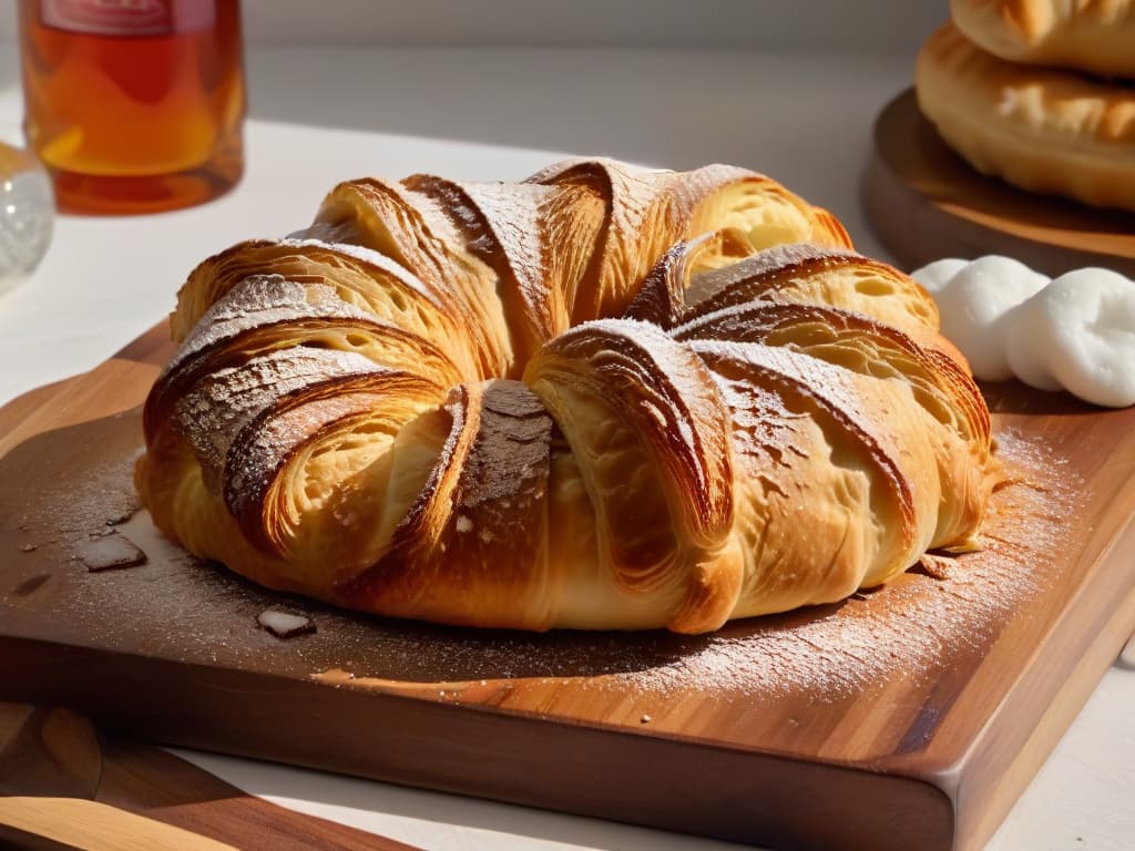  A closeup, ultradetailed image of a freshly baked, goldenbrown croissant, sprinkled with powdered sugar, resting on a rustic wooden cutting board with a few scattered crumbs around it. The light streams in from the side, casting a soft shadow, highlighting the flaky layers of the pastry and enhancing its enticing appeal. hyperrealistic, full body, detailed clothing, highly detailed, cinematic lighting, stunningly beautiful, intricate, sharp focus, f/1. 8, 85mm, (centered image composition), (professionally color graded), ((bright soft diffused light)), volumetric fog, trending on instagram, trending on tumblr, HDR 4K, 8K