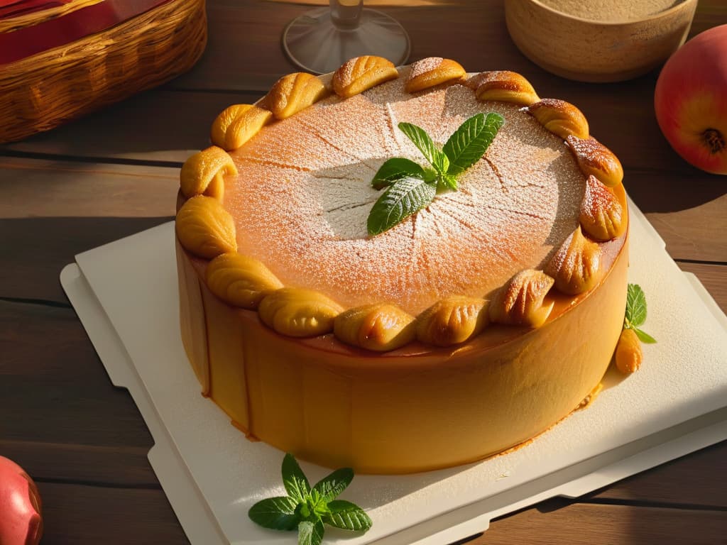  An ultradetailed closeup image of a freshly baked traditional guava cake, showcasing the golden crust glistening under warm lighting, with visible specks of vanilla bean in the fluffy guavainfused sponge. The cake sits on a rustic wooden table, surrounded by a scattering of fresh guava fruits and vibrant green mint leaves, exuding a mouthwatering aroma that practically wafts off the screen. The texture of the cake is so vivid that viewers can almost feel the soft crumb and stickysweet guava filling just by looking at it. hyperrealistic, full body, detailed clothing, highly detailed, cinematic lighting, stunningly beautiful, intricate, sharp focus, f/1. 8, 85mm, (centered image composition), (professionally color graded), ((bright soft diffused light)), volumetric fog, trending on instagram, trending on tumblr, HDR 4K, 8K