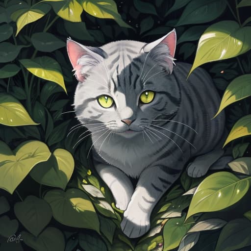  The grey cat staring curiously at a large leaf with sharp eyes, with thick, bold scribbles forming shapes on the leaf, in a lush green garden, best quality, very detailed, high resolution, sharp, sharp image hyperrealistic, full body, detailed clothing, highly detailed, cinematic lighting, stunningly beautiful, intricate, sharp focus, f/1. 8, 85mm, (centered image composition), (professionally color graded), ((bright soft diffused light)), volumetric fog, trending on instagram, trending on tumblr, HDR 4K, 8K