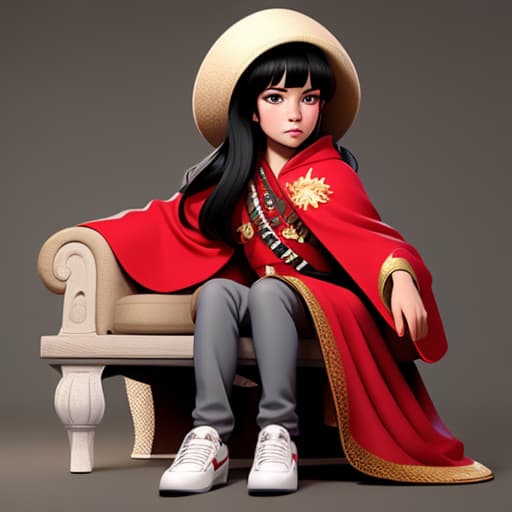  Her bangs are parted to the left and right. Long black hair. Long, narrow eyes. Raised eyebrows. White shoes. Crossed legs. Sitting on a throne. A handsome boy. Red cloak. A boy.