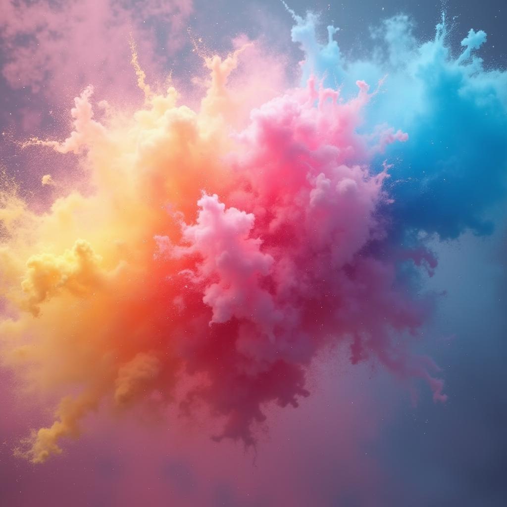  good quality, high quality, a stunning explosion of vibrant hues, including pink, yellow, and blue, capture mid air, resembling a colorful cloud of powder with dynamic energy and light effects.