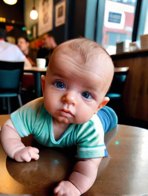  Looking straight at the camera in a coffee shop, a baby lying down