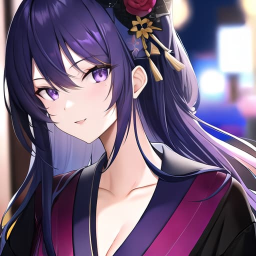  Dark blue hair, purple eyes, black kimono