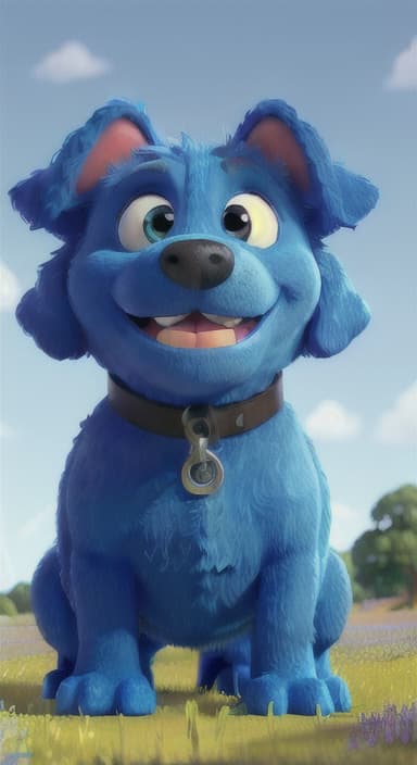  {A happy, big blue dog wagging its tail in a colorful meadow, The big blue dog is large with sky blue fur, big round eyes, a black nose, and floppy ears.