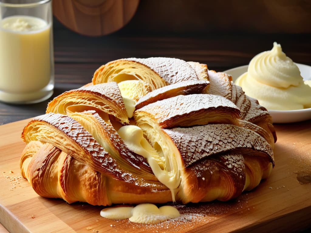  A highresolution, ultradetailed image of a perfectly goldenbrown, flaky croissant fresh out of the oven, placed on a rustic wooden cutting board with a pat of melting butter slowly cascading down its layers. The croissant is delicately sprinkled with a hint of powdered sugar, showcasing its buttery, meltinyourmouth texture. The warm, inviting colors and the steam rising from the croissant evoke a sense of comfort and indulgence, making it an irresistible visual representation of the perfect baked goods achieved through the use of quality ingredients like butter. hyperrealistic, full body, detailed clothing, highly detailed, cinematic lighting, stunningly beautiful, intricate, sharp focus, f/1. 8, 85mm, (centered image composition), (professionally color graded), ((bright soft diffused light)), volumetric fog, trending on instagram, trending on tumblr, HDR 4K, 8K