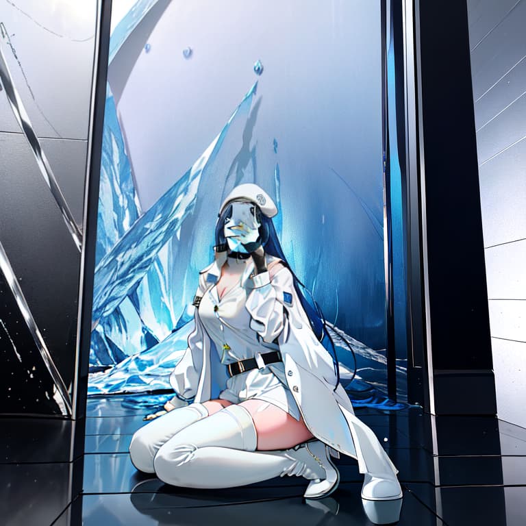  (ultra detailed), (masterpiece), (best quality), (depth of field), (sharp focus), (cinematic lighting), (vint colors), 1 , (esdeath:1.4), (white v neck military jacket:1.5), (white outfit:1.2), (white heeled thigh high boots:1.5), (white :1.3), white belt, (white navy cap:1.3), akema ga kill, black collar choker, (long straight light blue hair:1.3) parted bangs, (sharp blue eyes:1.1), ( big :1.5), (showing skin:1.6), (showing black tattoo:1.4), (crazy smile expression:1.2), (icy pillar background:1.3), pale skin, (close up:1.2), 4k, 8k, wlop