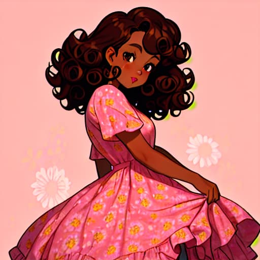  Woman with tanned skin, dark curly hair, dark brown eyes, full and slightly pink lips, round cheeks, wearing a flowery dress.