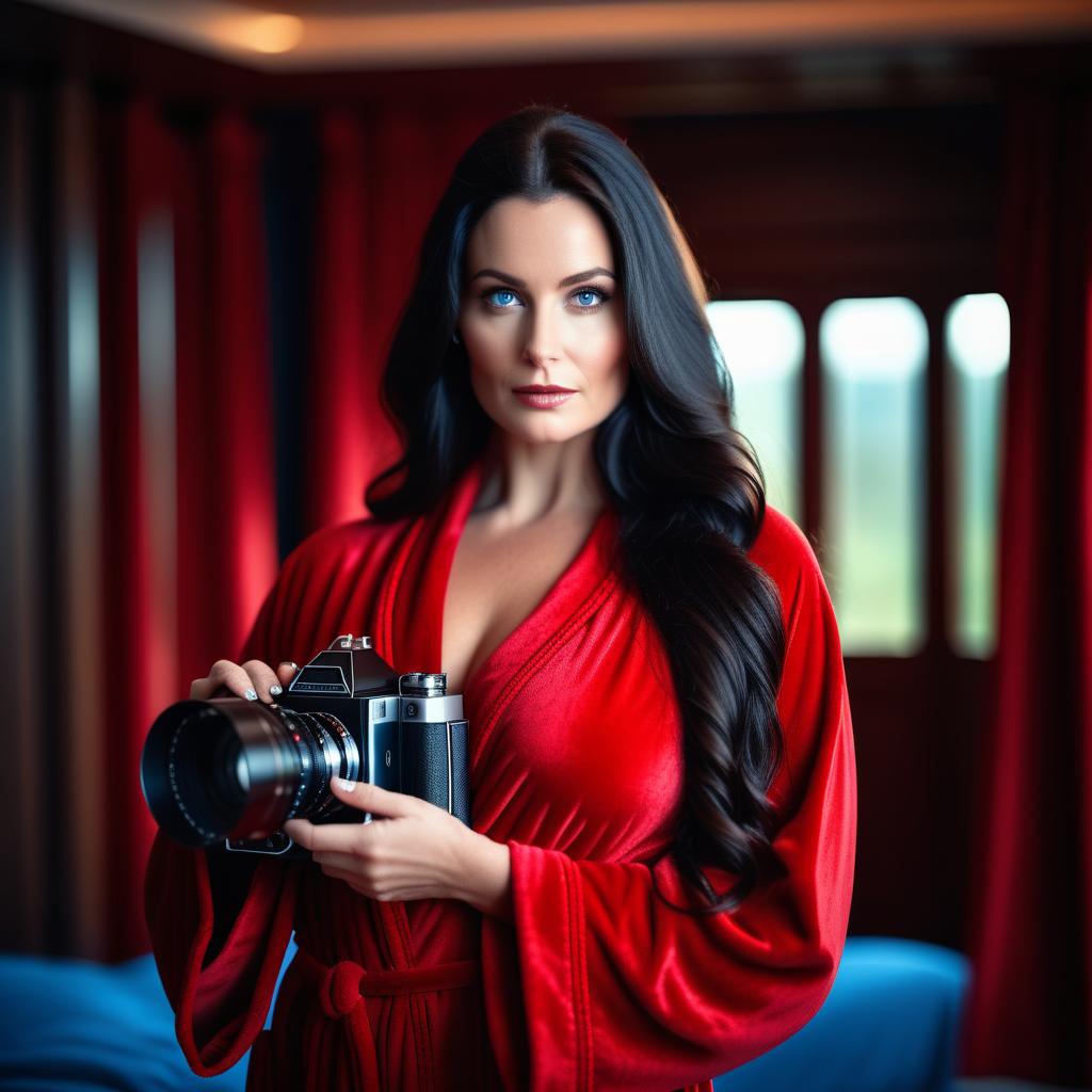  cinematic film still Woman with big body, long black hair, blue eyes, in red dressing gown, with camera in hand. . shallow depth of field, vignette, highly detailed, high budget, bokeh, cinemascope, moody, epic, gorgeous, film grain, grainy