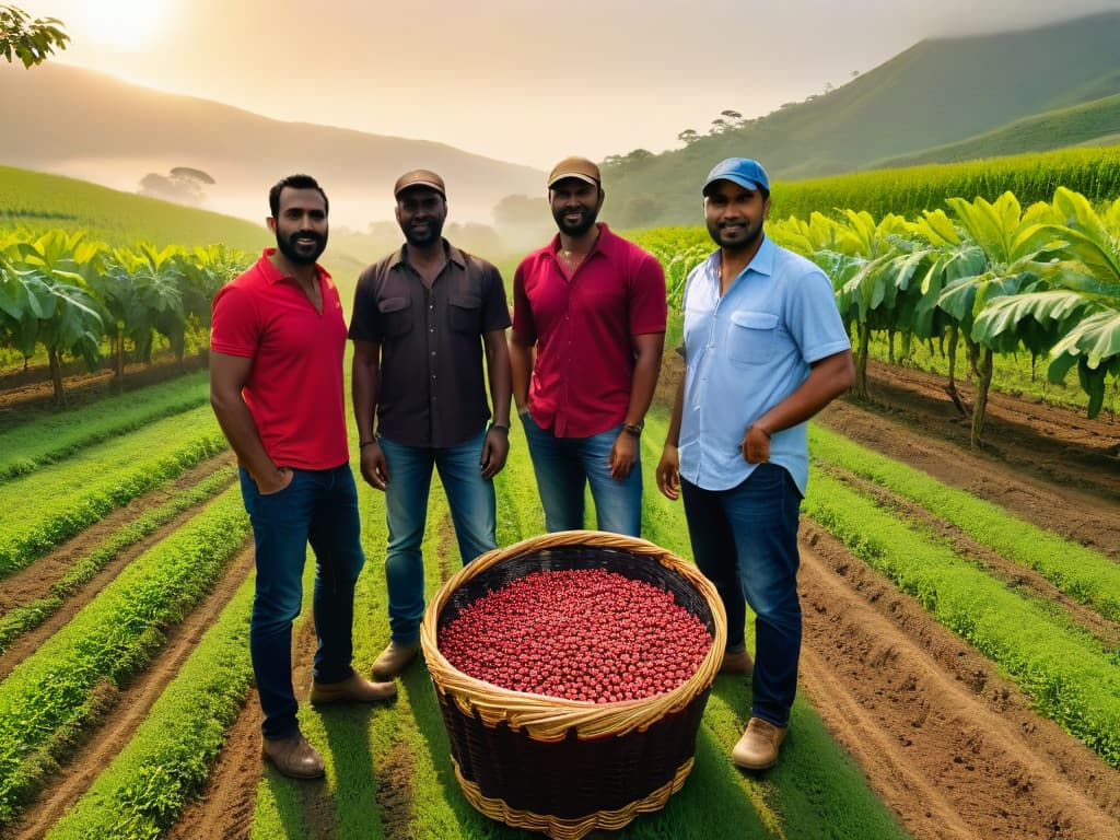  An 8k ultradetailed image of a group of diverse farmers from different parts of the world, standing side by side in a lush green field. Each farmer is holding a basket filled with freshly harvested fair trade ingredients like cocoa beans, coffee beans, and fruits. The sun is setting in the background, casting a warm golden glow over the scene, emphasizing the unity and hard work of these inspirational producers. hyperrealistic, full body, detailed clothing, highly detailed, cinematic lighting, stunningly beautiful, intricate, sharp focus, f/1. 8, 85mm, (centered image composition), (professionally color graded), ((bright soft diffused light)), volumetric fog, trending on instagram, trending on tumblr, HDR 4K, 8K