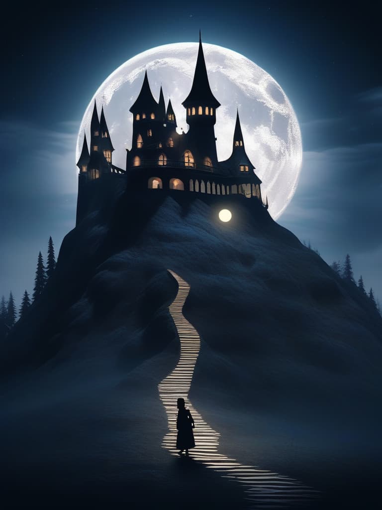  Shadow puppets,(((full moon🌕))),black castle on a steep mountain,pointed,fairy tale, masterpiece, best quality,8k,ultra detailed,high resolution,an extremely delicate and beautiful,hyper detail