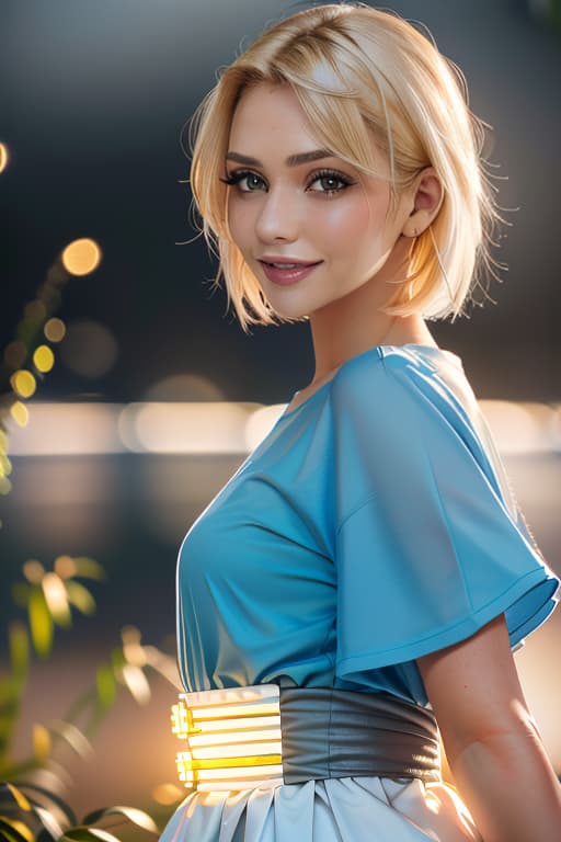  1girl,1girl,blonde short hair,straight hair,upper body shot,shirt,smile hyperrealistic, full body, detailed clothing, highly detailed, cinematic lighting, stunningly beautiful, intricate, sharp focus, f/1. 8, 85mm, (centered image composition), (professionally color graded), ((bright soft diffused light)), volumetric fog, trending on instagram, trending on tumblr, HDR 4K, 8K