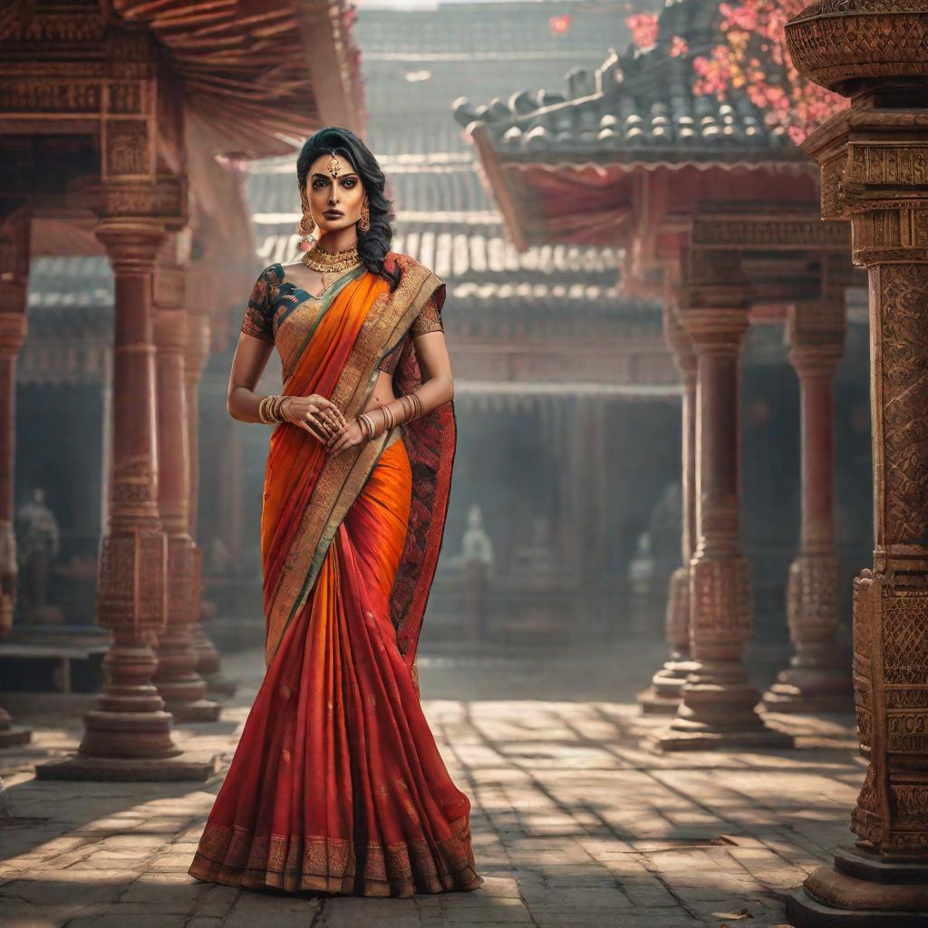  Horror woman in sari hyperrealistic, full body, detailed clothing, highly detailed, cinematic lighting, stunningly beautiful, intricate, sharp focus, f/1. 8, 85mm, (centered image composition), (professionally color graded), ((bright soft diffused light)), volumetric fog, trending on instagram, trending on tumblr, HDR 4K, 8K