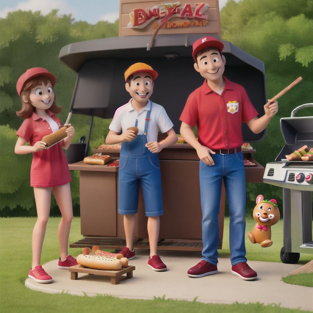  masterpiece, best quality, a characture of a hot dog and hamburger who are grilling humans on their bbq and smoking cigars at a bbq party