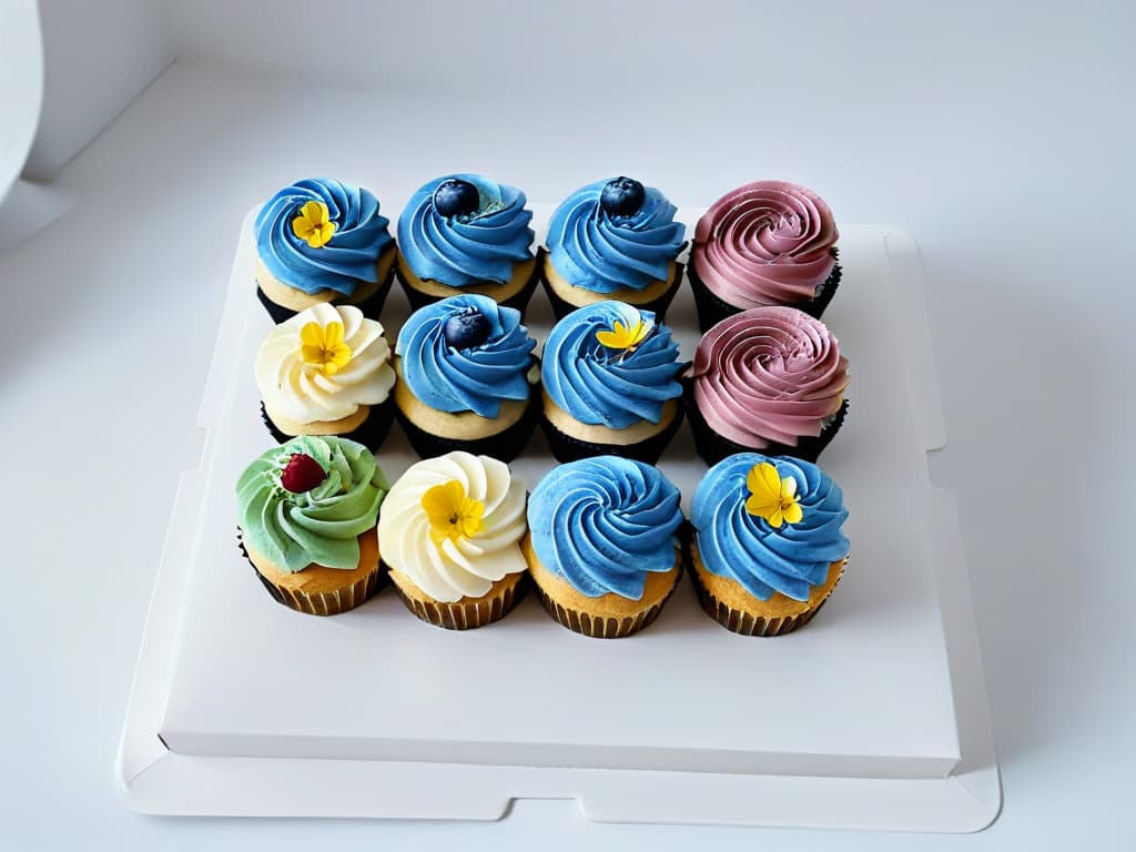  A highresolution, minimalist image of an elegant platter filled with beautifully decorated gourmet healthy cupcakes, each topped with delicate swirls of pastelcolored frosting, fresh berries, and edible flowers. The cupcakes are arranged in a visually pleasing pattern, showcasing their artistic presentation and inviting colors against a clean, white backdrop. The image captures the essence of gourmet healthy cupcakes with a focus on aesthetic appeal and culinary craftsmanship, perfect for a professional and inspirational article on highend healthy cupcake recipes. hyperrealistic, full body, detailed clothing, highly detailed, cinematic lighting, stunningly beautiful, intricate, sharp focus, f/1. 8, 85mm, (centered image composition), (professionally color graded), ((bright soft diffused light)), volumetric fog, trending on instagram, trending on tumblr, HDR 4K, 8K