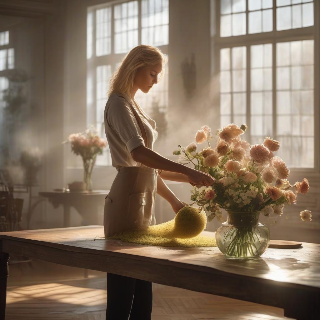  A blond girl cleaning, wiping a table with a sponge on which there is a vase with flowers in a large light room, a real photo. hyperrealistic, full body, detailed clothing, highly detailed, cinematic lighting, stunningly beautiful, intricate, sharp focus, f/1. 8, 85mm, (centered image composition), (professionally color graded), ((bright soft diffused light)), volumetric fog, trending on instagram, trending on tumblr, HDR 4K, 8K