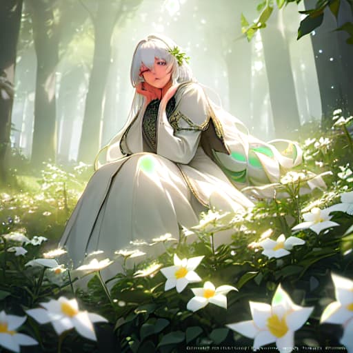  (masterpiece, best quality),1girl with long white hair sitting in a field of green plants and flowers, her hand under her chin, warm lighting, white dress, blurry foreground hyperrealistic, full body, detailed clothing, highly detailed, cinematic lighting, stunningly beautiful, intricate, sharp focus, f/1. 8, 85mm, (centered image composition), (professionally color graded), ((bright soft diffused light)), volumetric fog, trending on instagram, trending on tumblr, HDR 4K, 8K