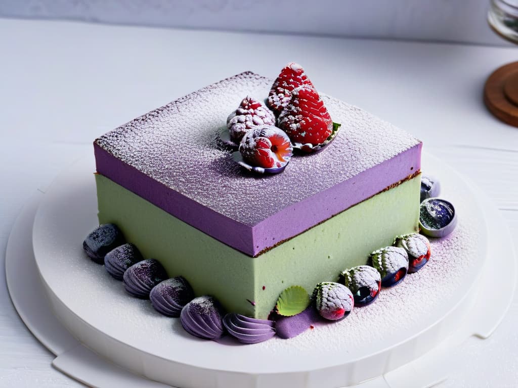  An 8k ultradetailed image of a stunning fusion dessert presentation featuring a delicate matcha green tea tiramisu layered with vibrant purple ube sponge cake, adorned with edible gold leaf accents, fresh raspberries, and a light dusting of powdered sugar. The dessert is elegantly placed on a sleek, white porcelain plate, set against a black backdrop to enhance its visual appeal and minimalist aesthetic. hyperrealistic, full body, detailed clothing, highly detailed, cinematic lighting, stunningly beautiful, intricate, sharp focus, f/1. 8, 85mm, (centered image composition), (professionally color graded), ((bright soft diffused light)), volumetric fog, trending on instagram, trending on tumblr, HDR 4K, 8K