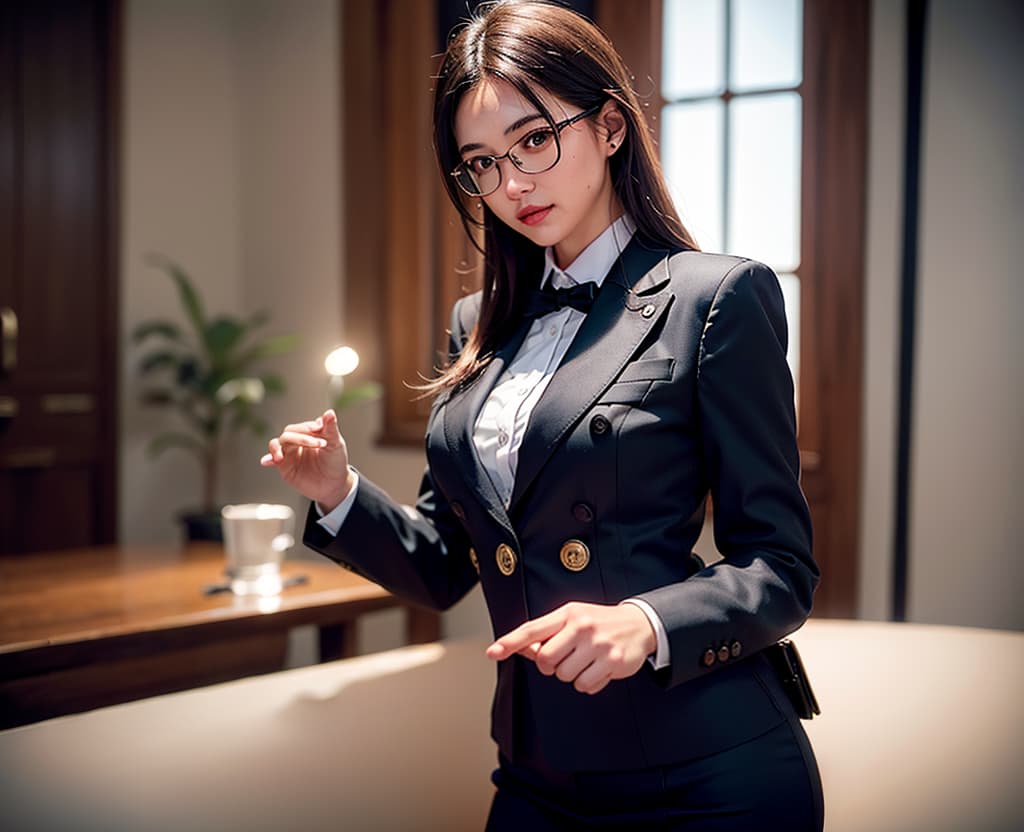  (eye glass,put on business jacket,business dress shirts,business skirts,tights),open buttons,dark meeting room,presentation,smiling,sideways,(8k, RAW photo:1.2),detailed face and eyes,best quality,highly detailed ,intricate detail ,masterpiece,ultra-detailed ,cute girl , hyperdetail, masterpiece,sharp focus, high quality, hyperrealistic, full body, detailed clothing, highly detailed, cinematic lighting, stunningly beautiful, intricate, sharp focus, f/1. 8, 85mm, (centered image composition), (professionally color graded), ((bright soft diffused light)), volumetric fog, trending on instagram, trending on tumblr, HDR 4K, 8K