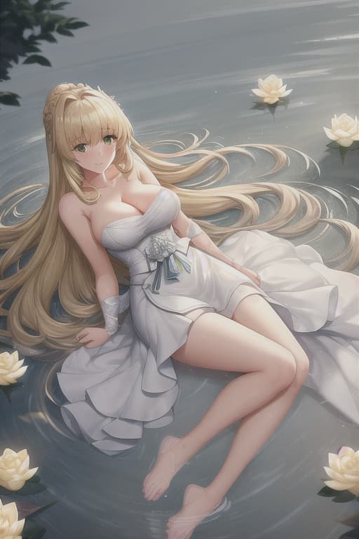  (score 9,score 8 up,score 7 up,),Fate saber,solo,wedding dresses.looking ,outdoor,lake,apron,blonde hair,indoors,green eyes,bare foot,two feet in the water Barefoot in the water. lotus flower very sex hyperrealistic, full body, detailed clothing, highly detailed, cinematic lighting, stunningly beautiful, intricate, sharp focus, f/1. 8, 85mm, (centered image composition), (professionally color graded), ((bright soft diffused light)), volumetric fog, trending on instagram, trending on tumblr, HDR 4K, 8K