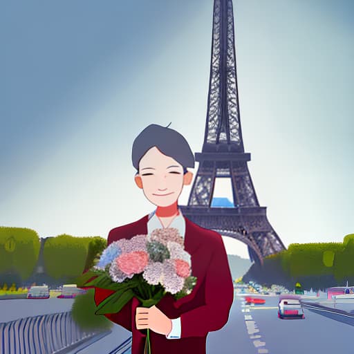  A digital art piece of a robot holding a bouquet of flowers in front of the Eiffel Tower