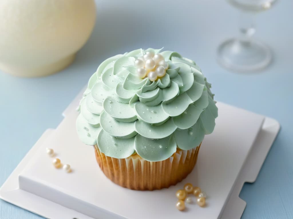  A closeup, ultradetailed image of a delicate, intricately designed cupcake with smooth frosting and tiny edible pearls on top, all displayed on a simple, elegant white plate. The cupcake is subtly adorned with Braille characters delicately imprinted on the frosting, adding a touch of sophistication and inclusivity to the visually stunning dessert. hyperrealistic, full body, detailed clothing, highly detailed, cinematic lighting, stunningly beautiful, intricate, sharp focus, f/1. 8, 85mm, (centered image composition), (professionally color graded), ((bright soft diffused light)), volumetric fog, trending on instagram, trending on tumblr, HDR 4K, 8K