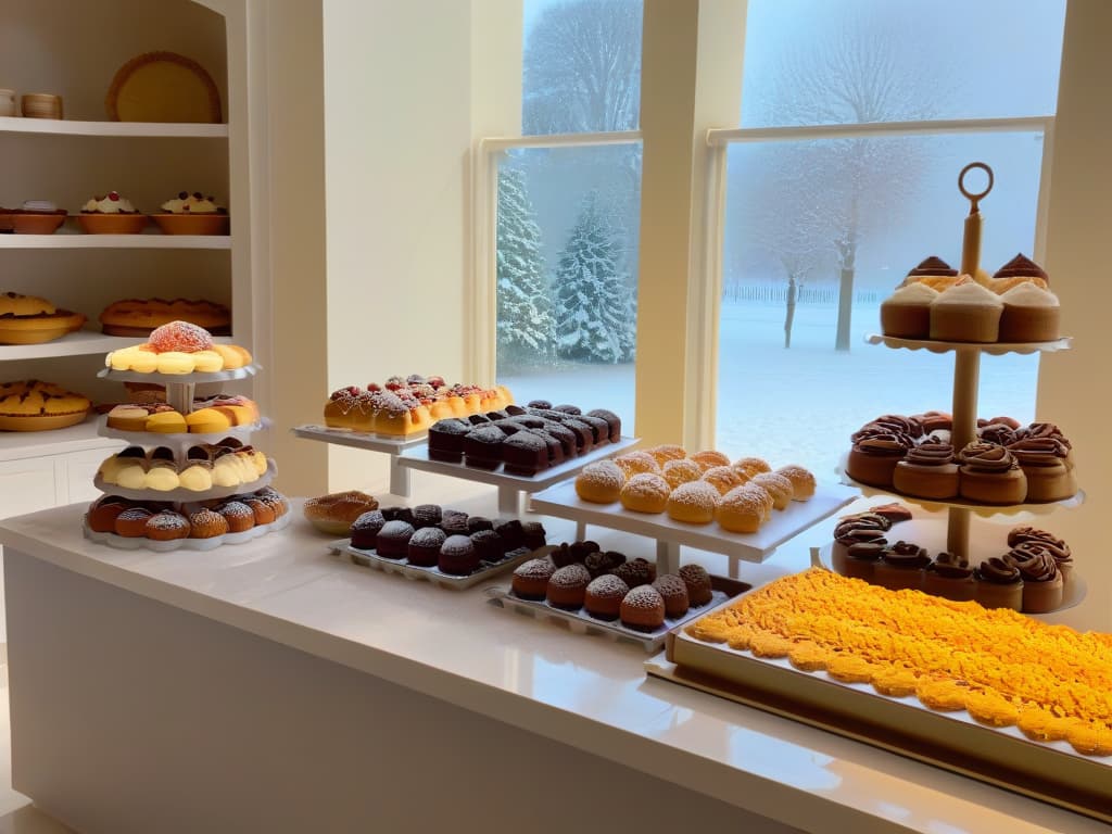  A photorealistic image of a beautifully decorated home kitchen, featuring a pristine marble countertop filled with an assortment of freshly baked pastries and cakes. Sunlight streams in through a large window, casting a warm glow over the scene and highlighting the intricate details of the confectionery creations. In the background, shelves lined with jars of colorful sprinkles, piping bags, and various baking tools add to the ambiance of a bustling yet cozy baking space. hyperrealistic, full body, detailed clothing, highly detailed, cinematic lighting, stunningly beautiful, intricate, sharp focus, f/1. 8, 85mm, (centered image composition), (professionally color graded), ((bright soft diffused light)), volumetric fog, trending on instagram, trending on tumblr, HDR 4K, 8K